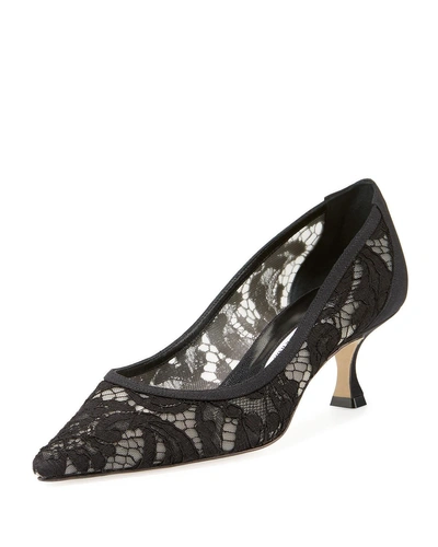 Manolo Blahnik Srila Lace Kitten-heel Pumps In Black