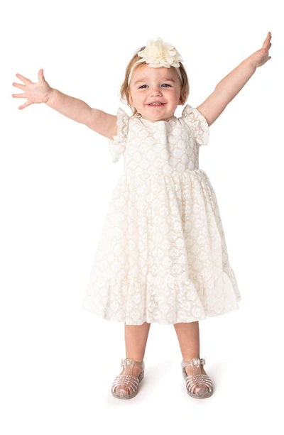 Popatu Kids' Ruffle Sleeve Lace Overlay Dress In White