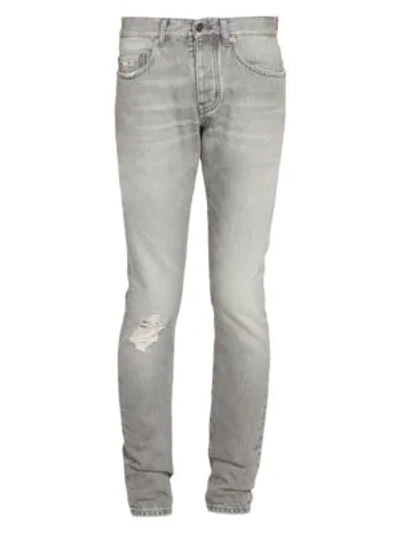 Saint Laurent Distressed Skinny Jeans In Grey