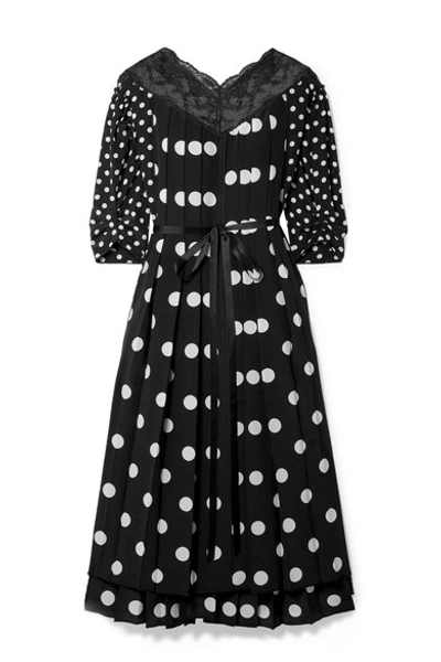 Marc Jacobs Lace-trimmed Pleated Polka-dot Silk Crepe De Chine Midi Dress In Nero