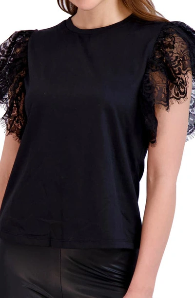 Ookie & Lala Crewneck Lace Sleeve Top In Black