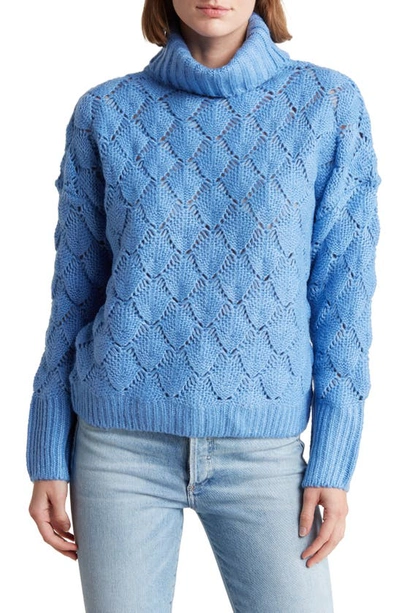 Frnch Bubble Stitch Open Knit Turtleneck Sweater In Bleu