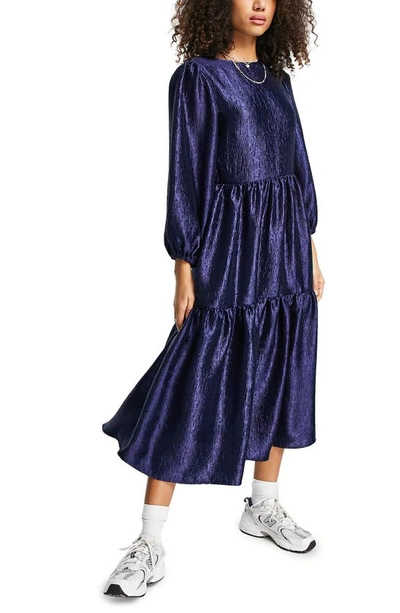 Topshop Premium Textured Midi Dress In Medium Blue | ModeSens