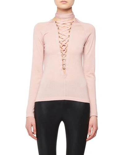 Tom Ford Lace-up Long-sleeve Cashmere-silk Knit Top