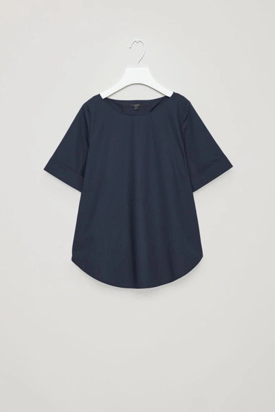 Cos Cotton Top With Roll Sleeves In Blue