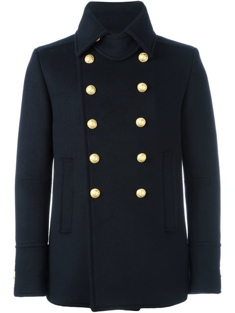 Balmain Cropped Double Breasted Overcoat In Navy | ModeSens