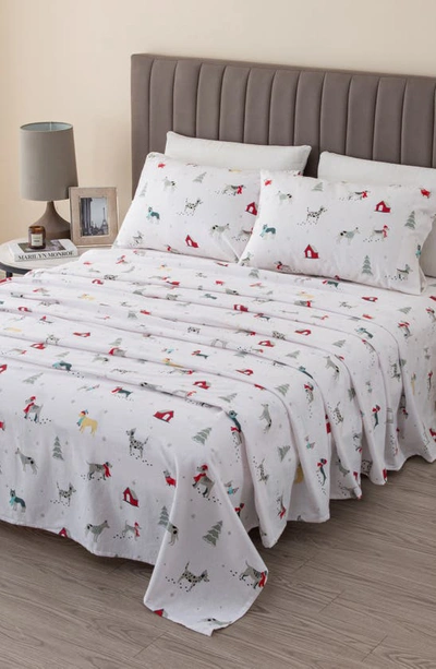 Woven & Weft Holiday Print Turkish Cotton Sheet Set In Pups In The Snow