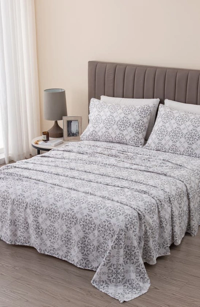 Woven & Weft Turkish Cotton Windowpane Printed Flannel Sheet Set In Watercolor Damask - Grey