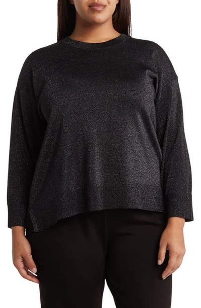 T Tahari Metallic Crewneck High-low Sweater In Iron Lurex