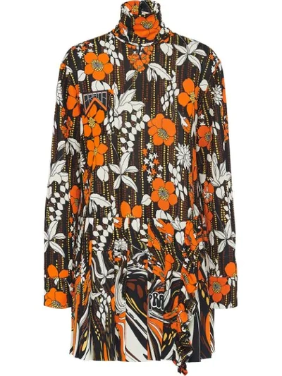 Prada Appliquéd Pleated Floral-print Jersey Mini Dress In Orange