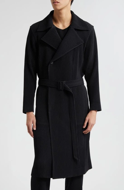 Issey Miyake Pleated Double Breasted Coat In 15-black