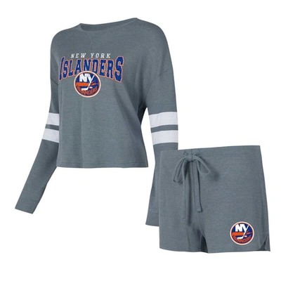 Concepts Sport Women's  Gray Distressed New York Islanders Meadow Long Sleeve T-shirt And Shorts Slee