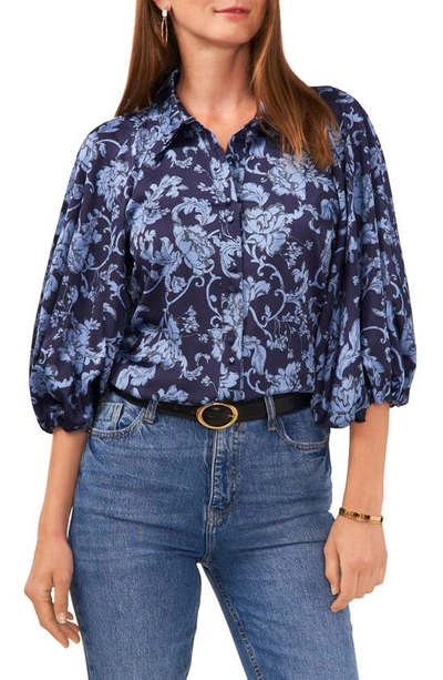 Vince Camuto Floral Balloon Sleeve Button-up Top In Classic Navy