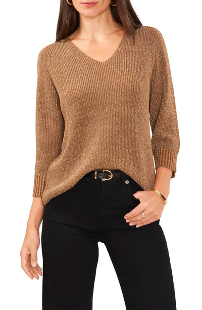 Vince Camuto Metallic V-neck Sweater In Mocha Latte