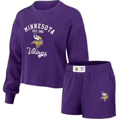 Wear By Erin Andrews Women's  Purple Distressed Baltimore Ravens Waffle Knit Long Sleeve T-shirt And