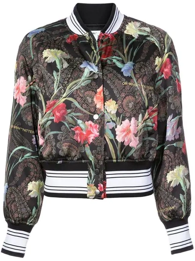 Off-white Floral Crop Bomber Jacket In Black