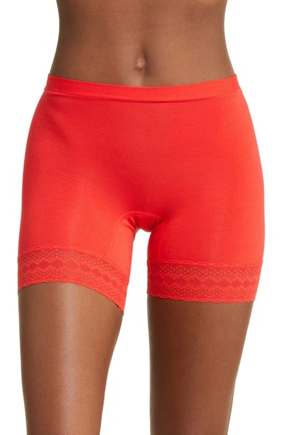 Meundies Feelfree Lace Trim Long Boyshorts In Bougie Rouge