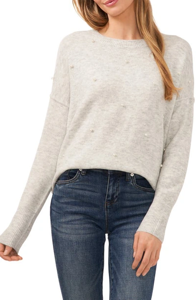 Cece Imitation Pearl Embellished Crewneck Sweater In Silver Heather Grey