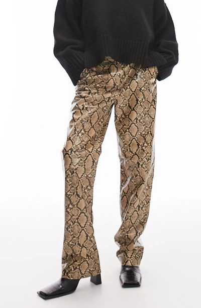 Topshop Snakeskin Print Straight Leg Faux Leather Pants In Brown Multi