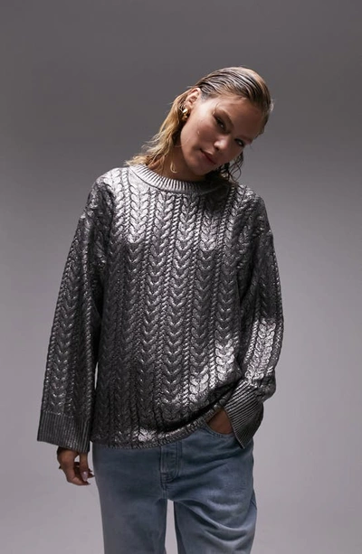Topshop Metallic Cable Stitch Sweater In Silver