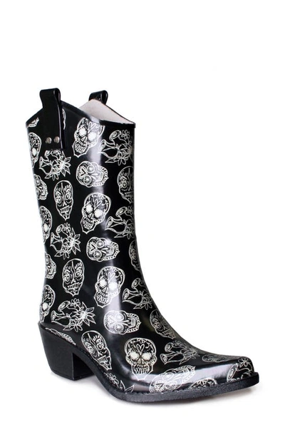 Nomad Yippy Cowboy Waterproof Rain Boot In Black/ White Skulls