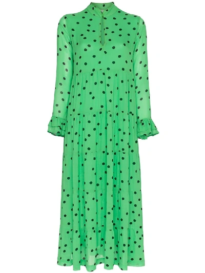 Ganni Dainty Polka Dot-print Crepe-georgette Dress In Green