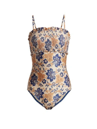 Zimmermann Castile Floral-print Bandeau Swimsuit In Lapis Floral