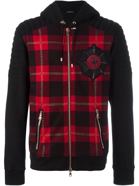 men contrast tartan drawstring hoodie