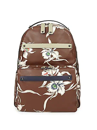 Valentino Garavani Floral Print Leather Backpack In Brown
