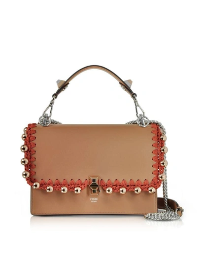 Fendi Kan I M Cuoio Leather Top Handle Shoulder Bag W/rose Goltone Pearls In Brown