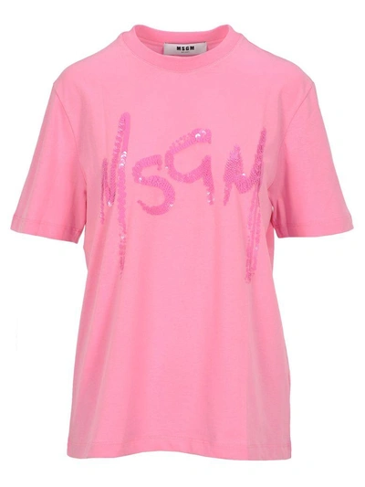 Msgm Tshirt Logo Pailettes In Pink