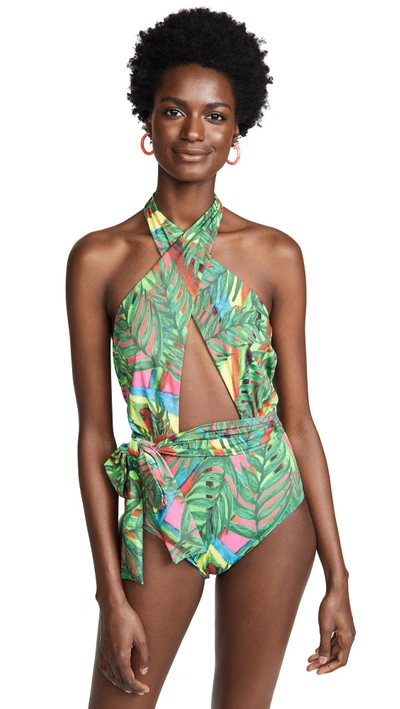 Patbo Electric Jungle Cross Front One Piece Swimsuit In Green Multi