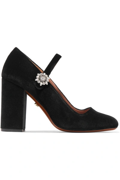 Alexa Chung Black Velvet Mary-jane Crystal Flower Heels