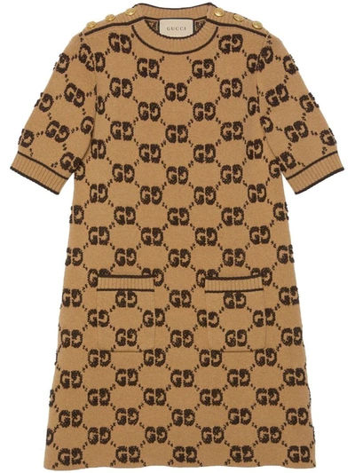 Gucci Gg Supreme Wool Dress In Brown