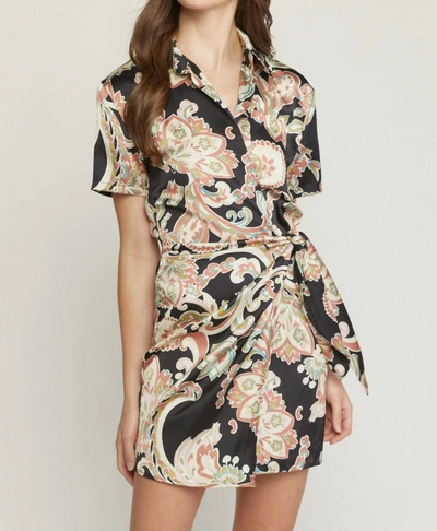 Entro Satin Paisley Short Faux Wrap Dress In Black