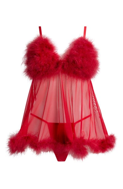 Coquette Feathery Babydoll Chemise & G-string Set In Red