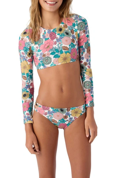 O'neill Kids' Tenley Floral Long Sleeve Crop Two-piece Swimsuit In Vanilla