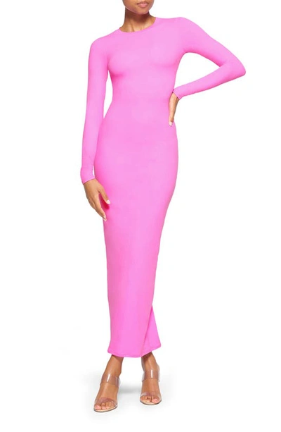 Skims Fits Everybody Long Sleeve Crewneck Dress In Neon Orchid