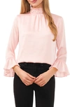 Cece Flare Cuff Smocked Mock Neck Top In Rose Pearl