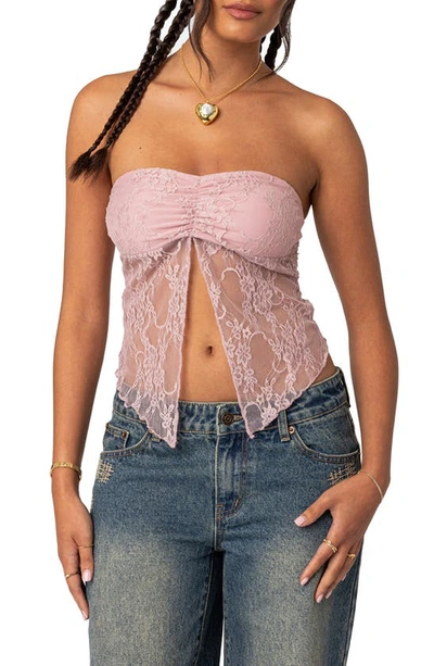 Edikted Twilight Strapless Lace Split Front Crop Top In Light-pink