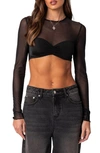 Edikted Night Out Long Sleeve Illusion Neck Crop Top In Black