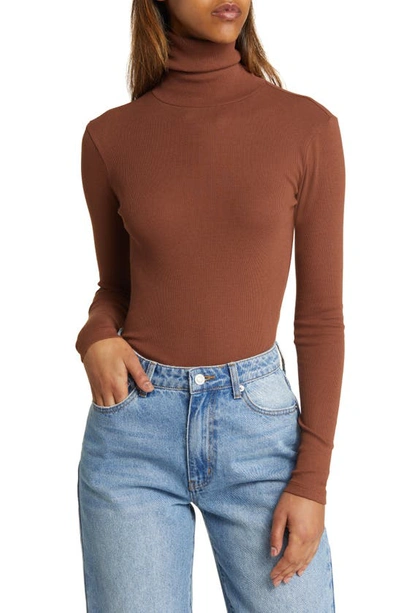Bp. Turtleneck Ribbed Top In Brown Chino
