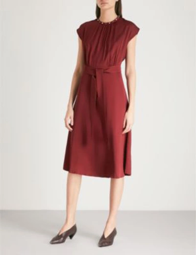 Sandro Conique High-collar Tie Waist Dress In Ruby