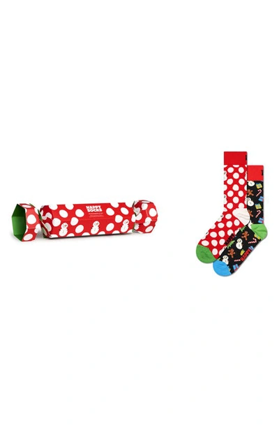 Happy Socks Assorted 2-pack Big Dot Snowman Crew Socks Gift Set In Red