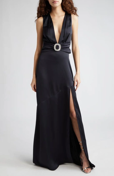 Ramy Brook August Crystal Embellished Satin Gown In Black