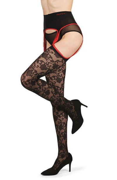 Memoi Secret Garden Suspender Tights In Black-red