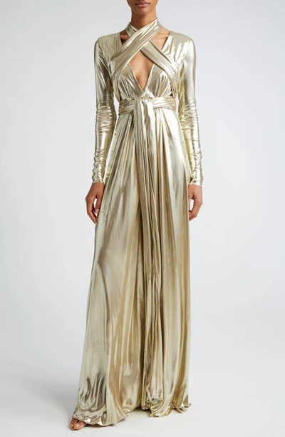 Giambattista Valli Crossover Detail Long Sleeve Lamé Gown In Gold