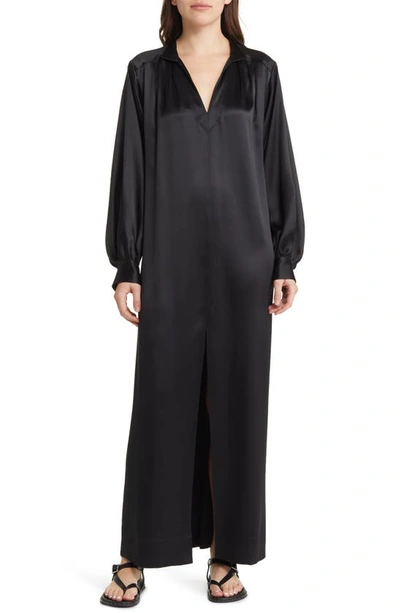 Frame Long Sleeve Silk Caftan Maxi Dress In Noir