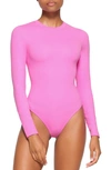 Skims Fits Everybody Long Sleeve Crewneck Bodysuit In Neon Orchid