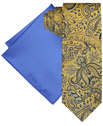 Steve Harvey Men's Extra Long Shaded Paisley Tie & Solid Pocket Square Set In Yellow